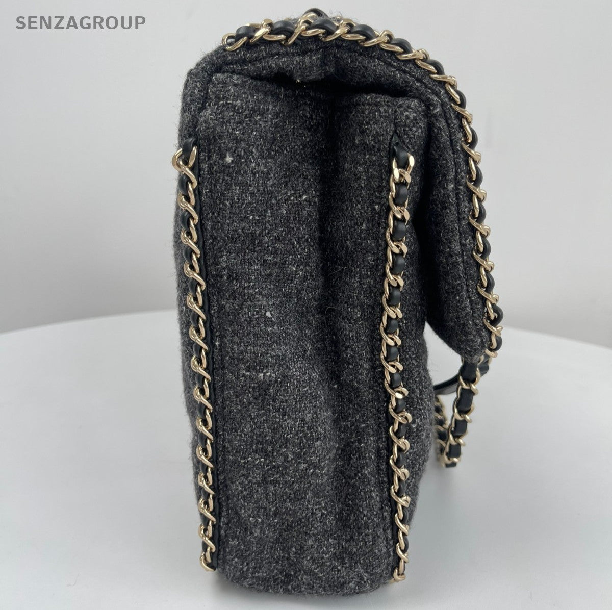 Chanel Tweed Trim Classic Flap Chain GM Shoulder Bag Gray Gold Used Women