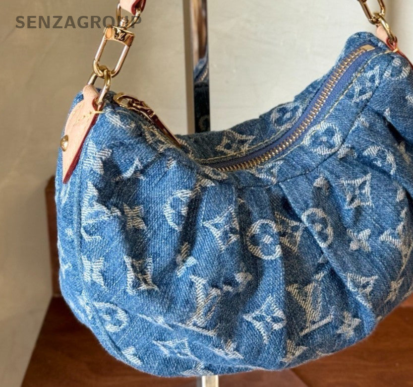 Louis Vuitton Monogram Shoulder Bag Blue Gold Zip Closure Women Classic