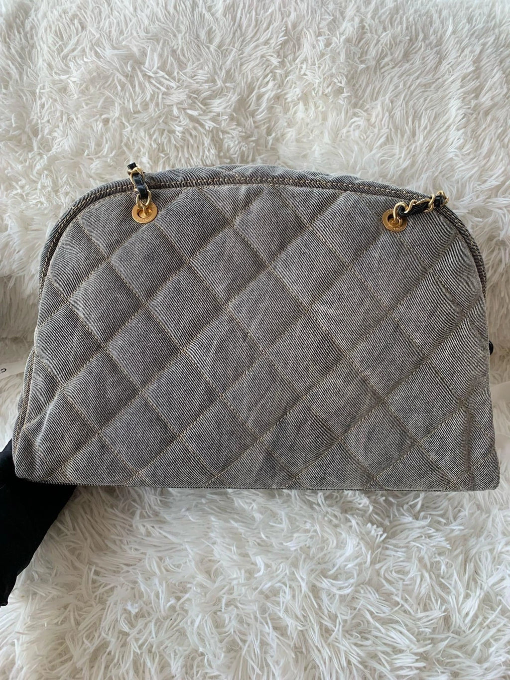 Chanel Distressed Grey Denim Maxi Bowling Bag For Women