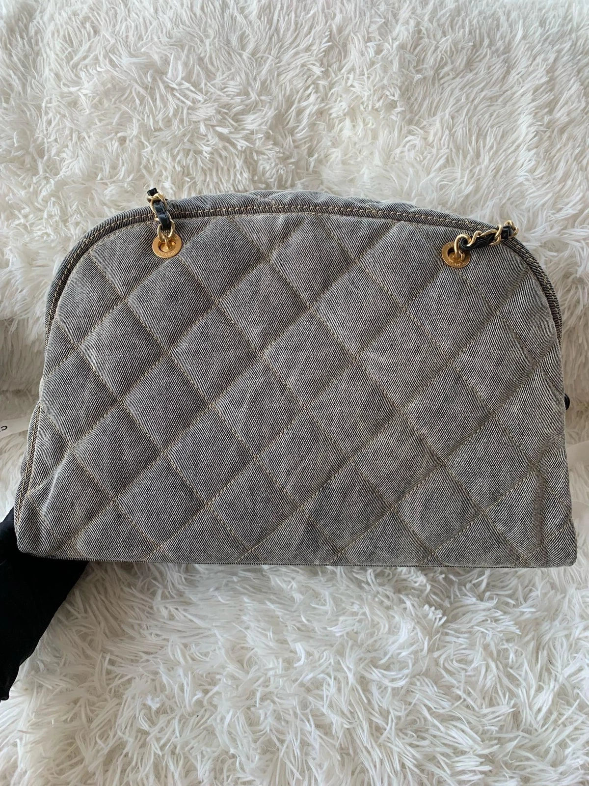 Chanel Distressed Grey Denim Maxi Bowling Bag For Women
