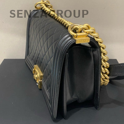Chanel Le Boy Black Gold Quilted Calfskin Medium Chain Shoulder Bag