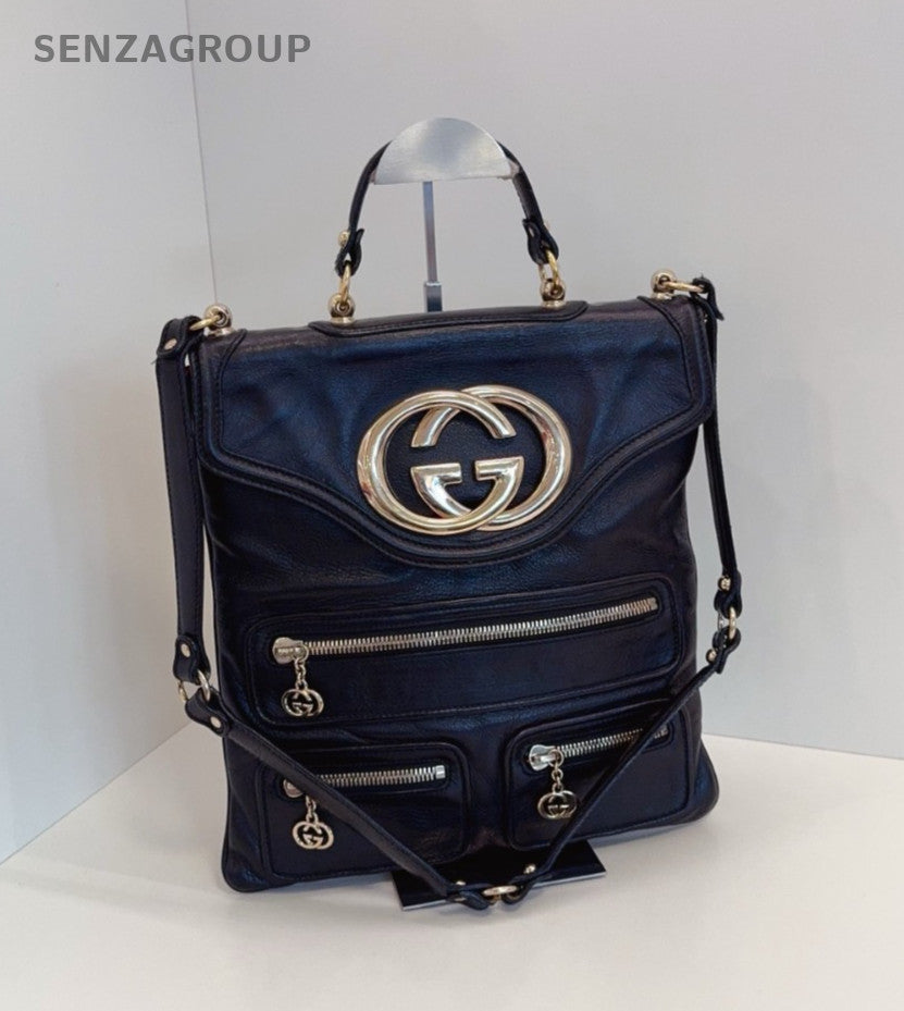GUCCI GG Logo Top Handle 2way Shoulder Handbag Black Gold Women