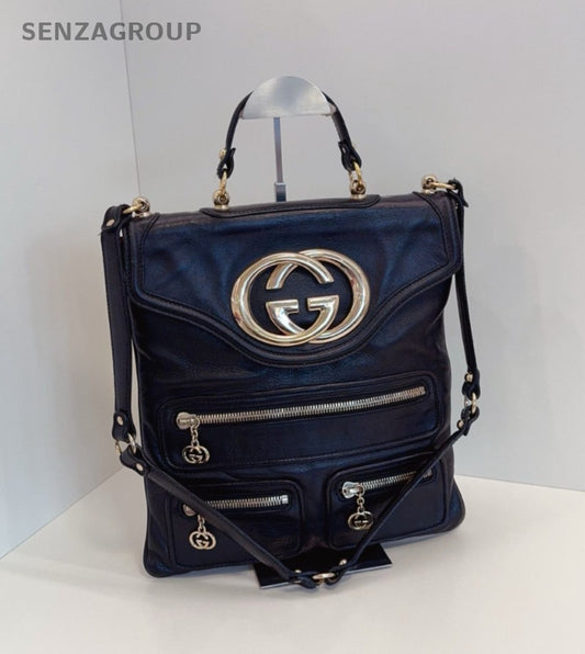 GUCCI GG Logo Top Handle 2way Shoulder Handbag Black Gold Women