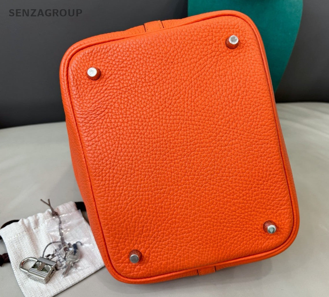 Hermes Picotin22 Top Handle Bag Orange Silver Women Classic Fashion