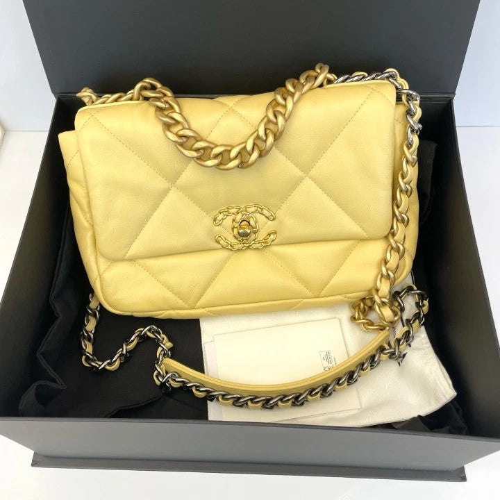 Authentic CHANEL 19Bag Yellow Lambskin Shoulder Bag Women