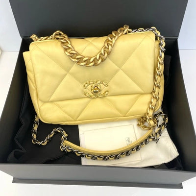 Authentic CHANEL 19Bag Yellow Lambskin Shoulder Bag Women
