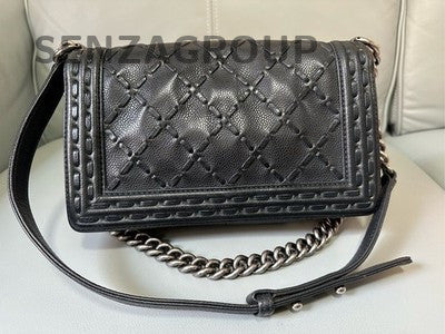 Chanel Le Boy Calfskin Chain Shoulder Bag Black Silver Classic Women