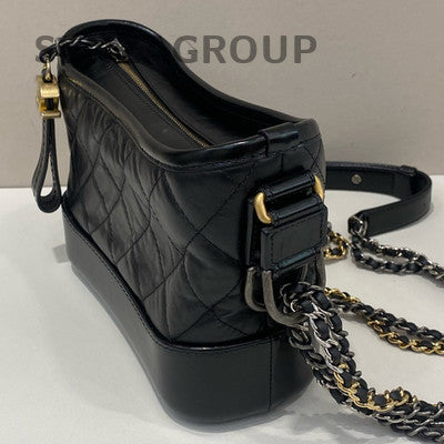 Chanel Small Boy Chevron Quilted Chain Shoulder Bag Black Gold Vintage