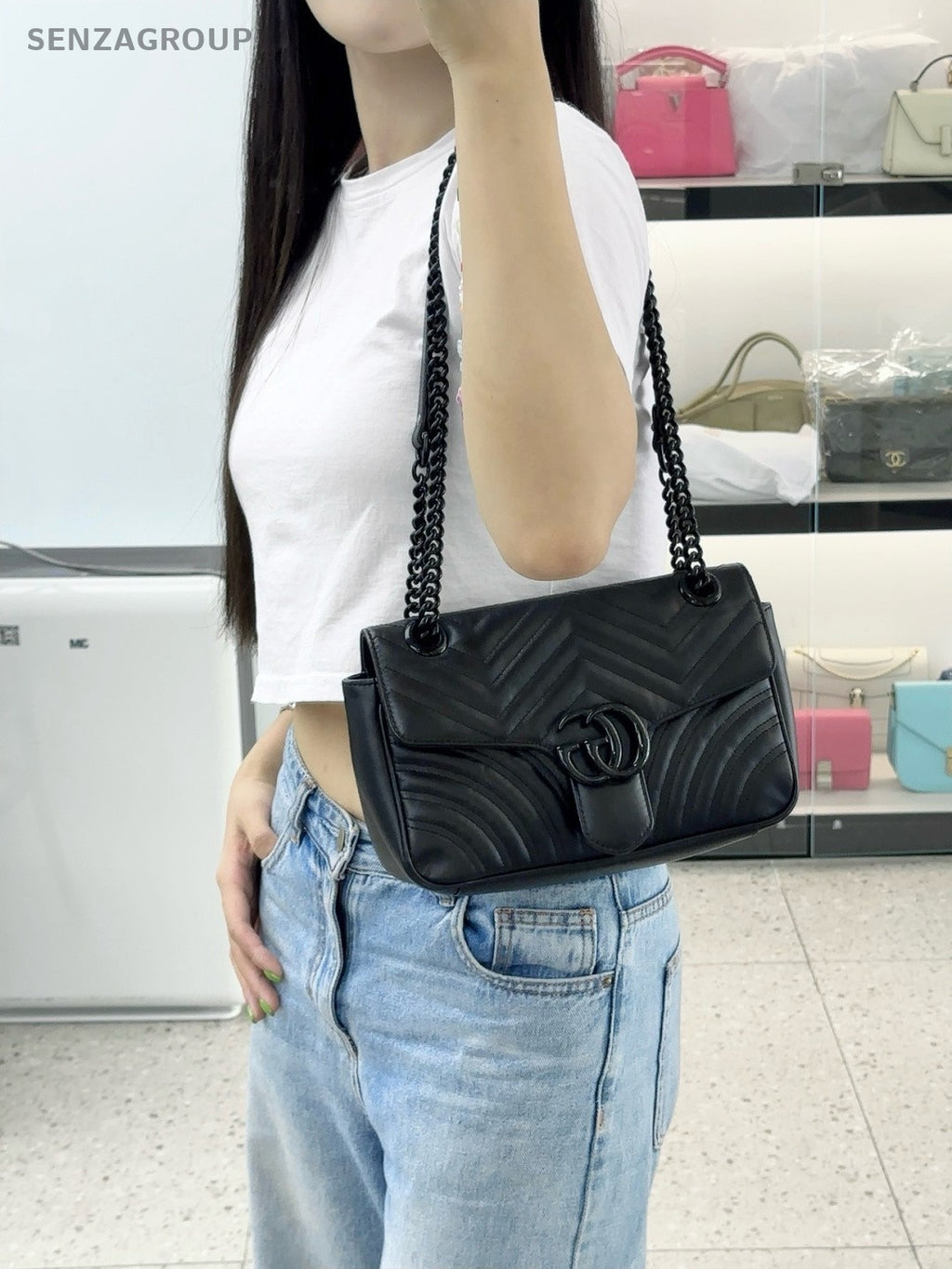 Gucci GG Marmont 26 SoBlack Calfskin Chain Shoulder Crossbody Bag Women Black