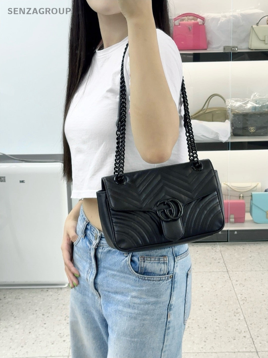 Gucci GG Marmont 26 SoBlack Calfskin Chain Shoulder Crossbody Bag Women Black