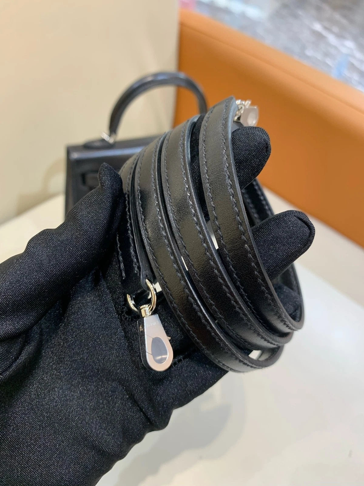 Hermes Mini Kelly Black Silver Box Leather Top Handle Bag For Women