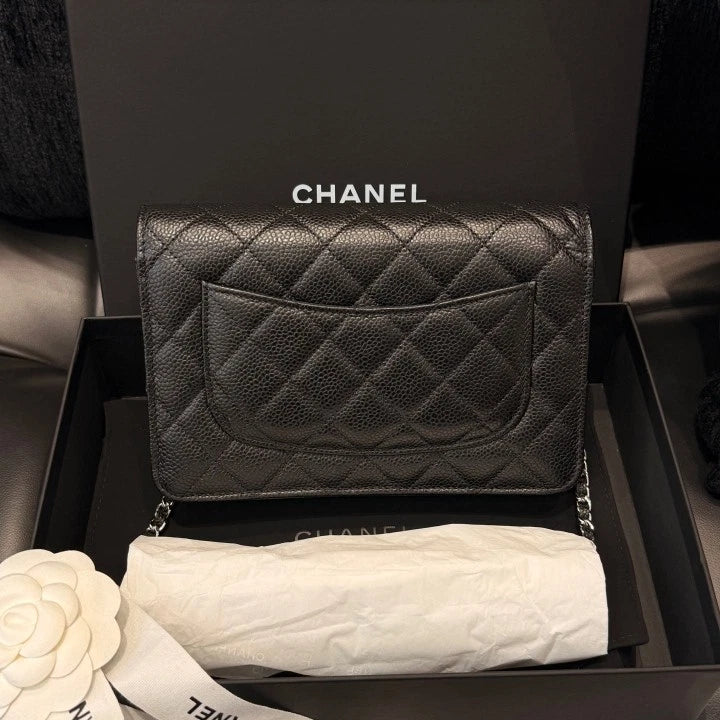 Chanel Woc Chain Calfskin Shoulder Crossbody Bag Black Silver Women D