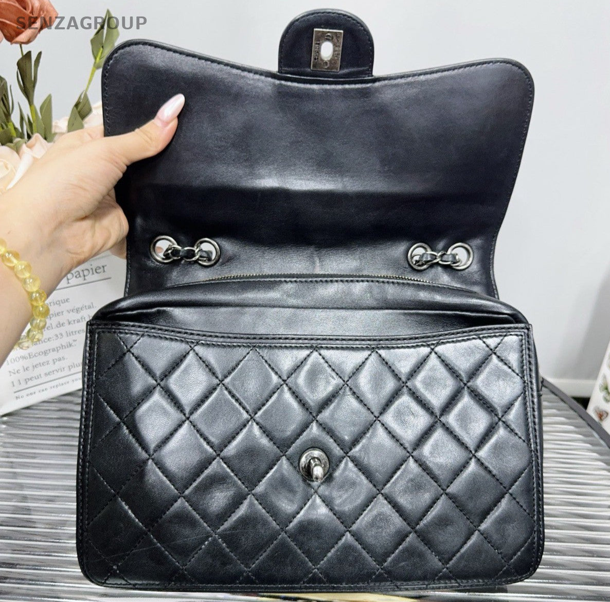 Chanel Classic Flap Lambskin Chain Shoulder Bag Black Silver Women Diamond