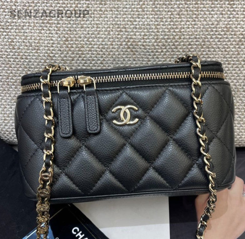 Chanel Diamond Chain Calfskin Box Crossbody Black Gold Women Classic Fashion
