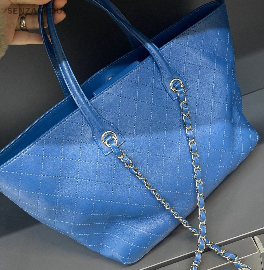 Chanel Calfskin Tote Chain Shoulder Bag Blue Silver Used Women Classic