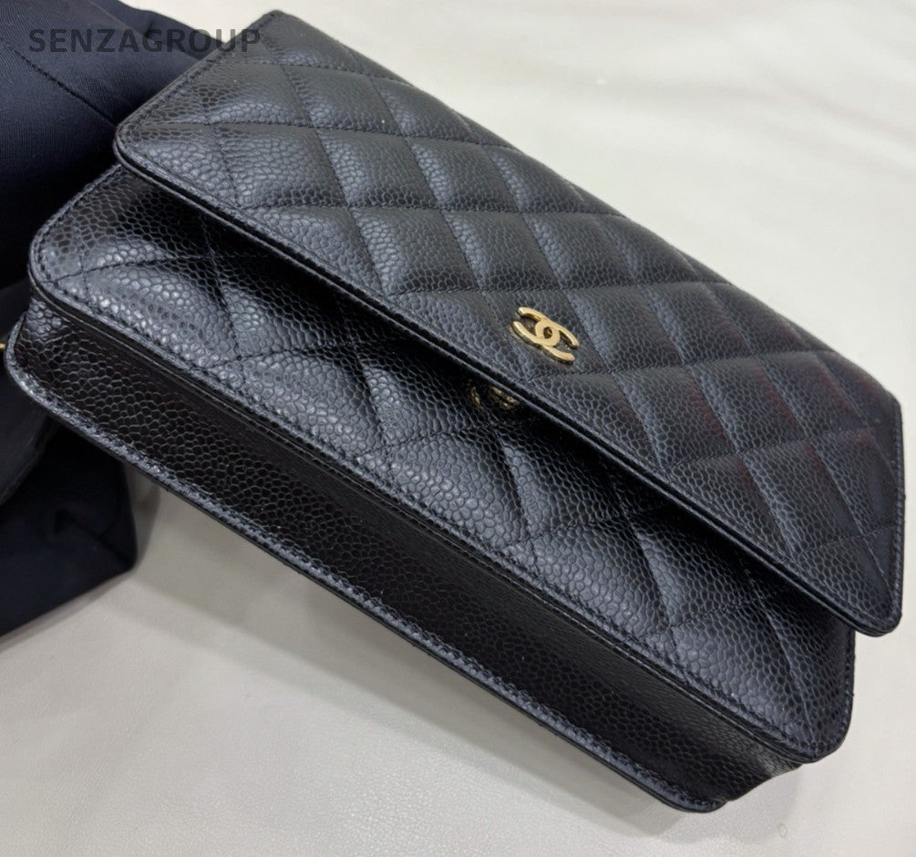 Chanel WOC Calfskin Chain Shoulder Bag Crossbody Black Gold Women Classic