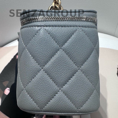 Chanel Grey Gold Leather Chain Shoulder Crossbody Bag Quilted Pattern Women