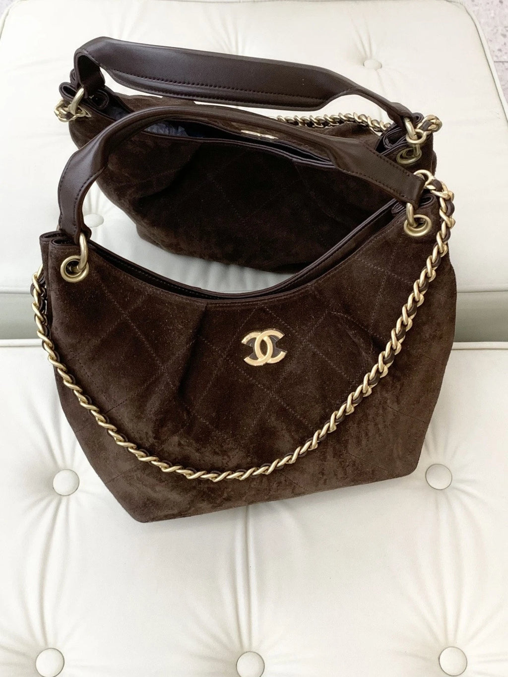 Chanel Suede Hobo Chain Shoulder Bag Brown Gold Hardware Women S