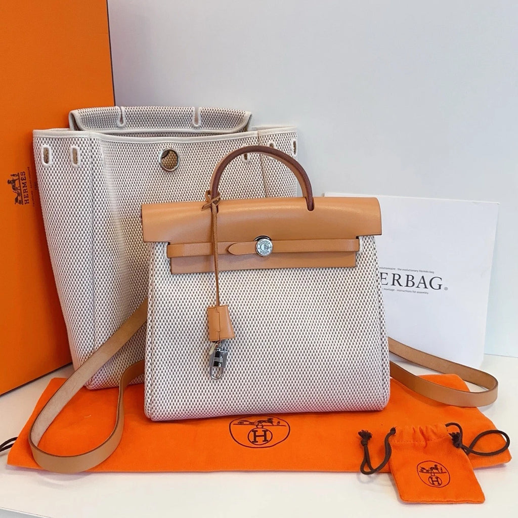 Hermes Herbag31 Backpack Canvas Ivory Brown Silver Hardware Women Classic