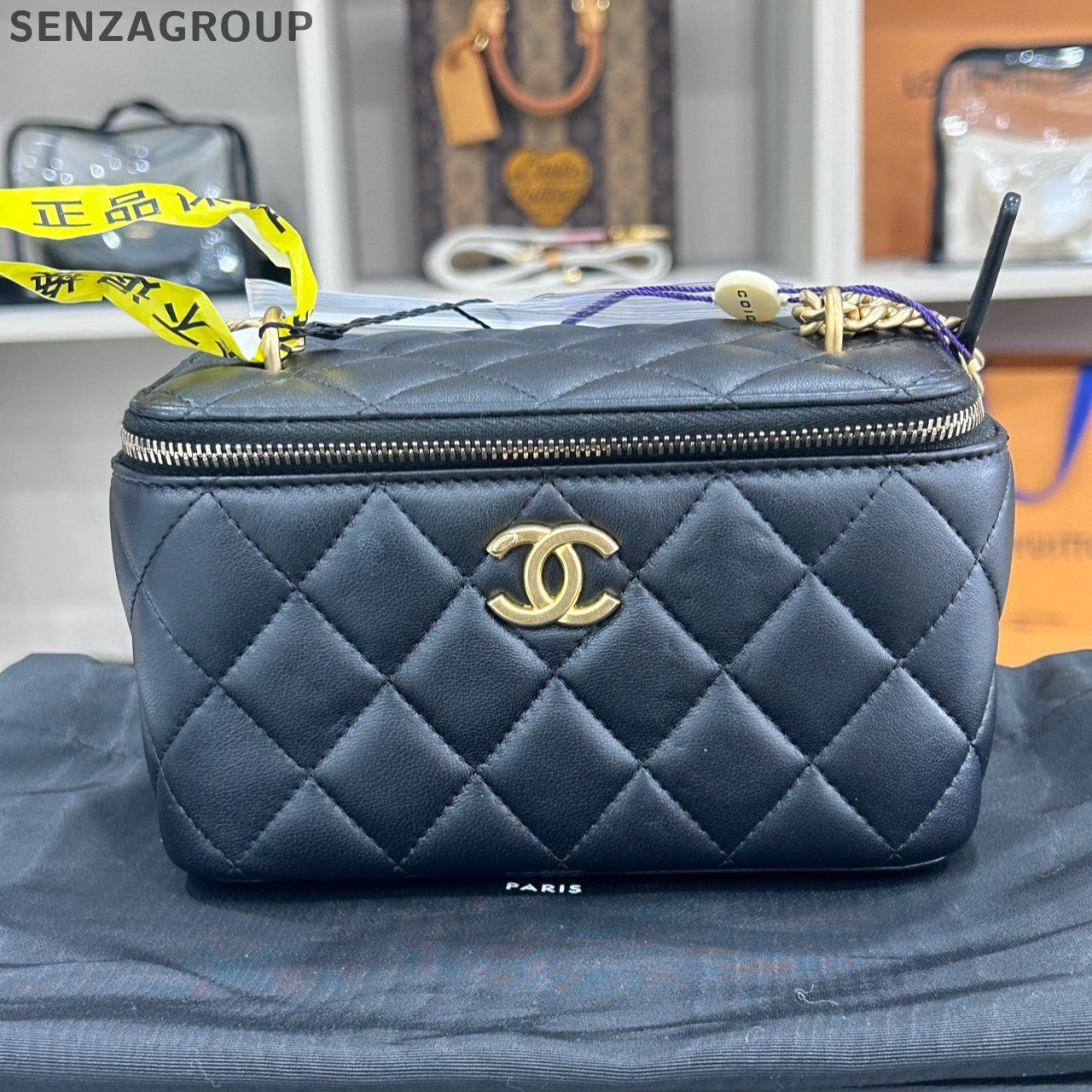 Chanel Classic Black Gold Quilted Square Flap Bag Chain Shoulder Crossbody