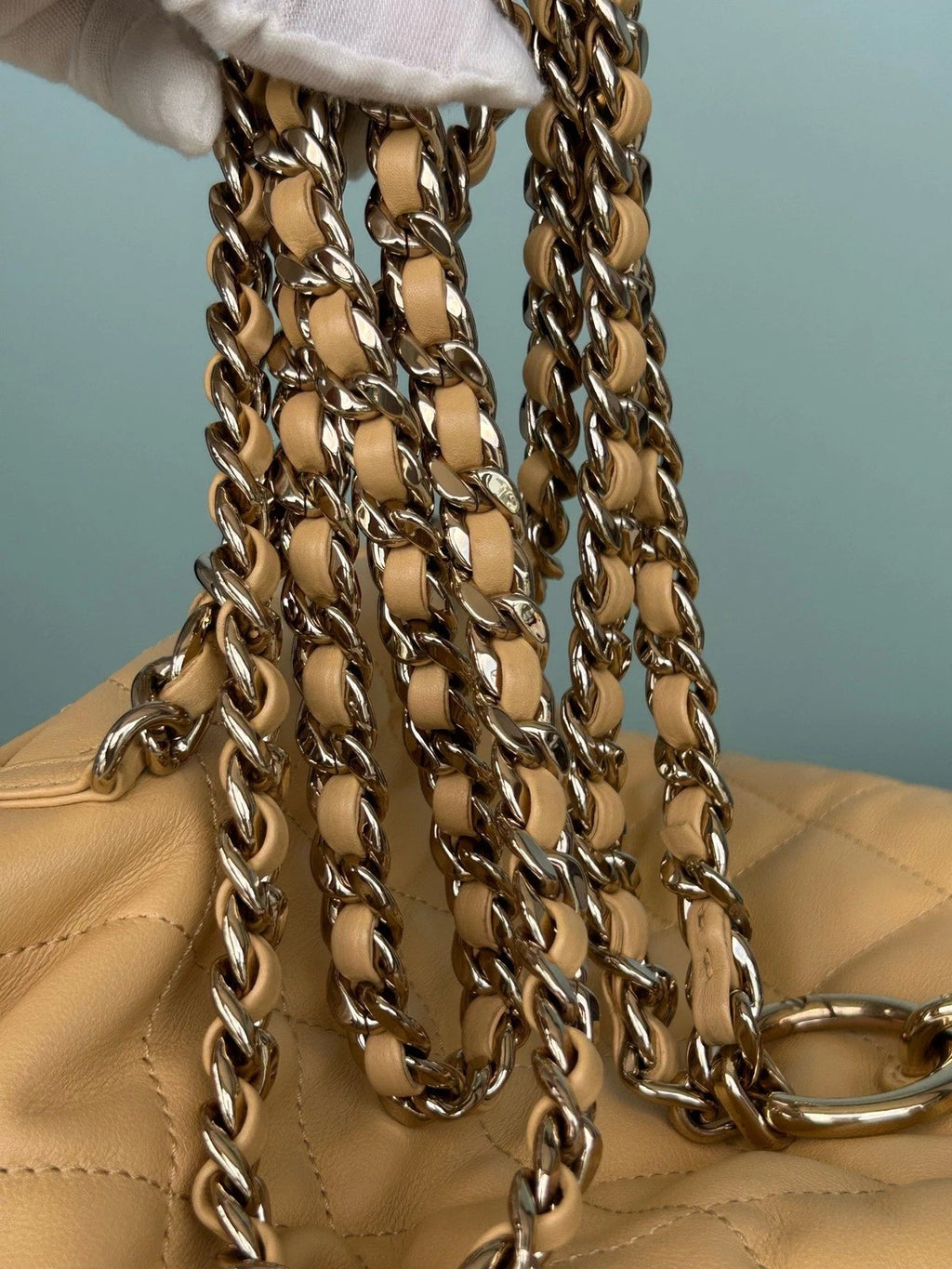 Chanel Diamond Chain Drawstring Backpack Beige Gold Used Women Classic