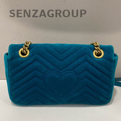 Gucci Marmont 26 Velvet Chain Shoulder Bag Blue Gold Hardware