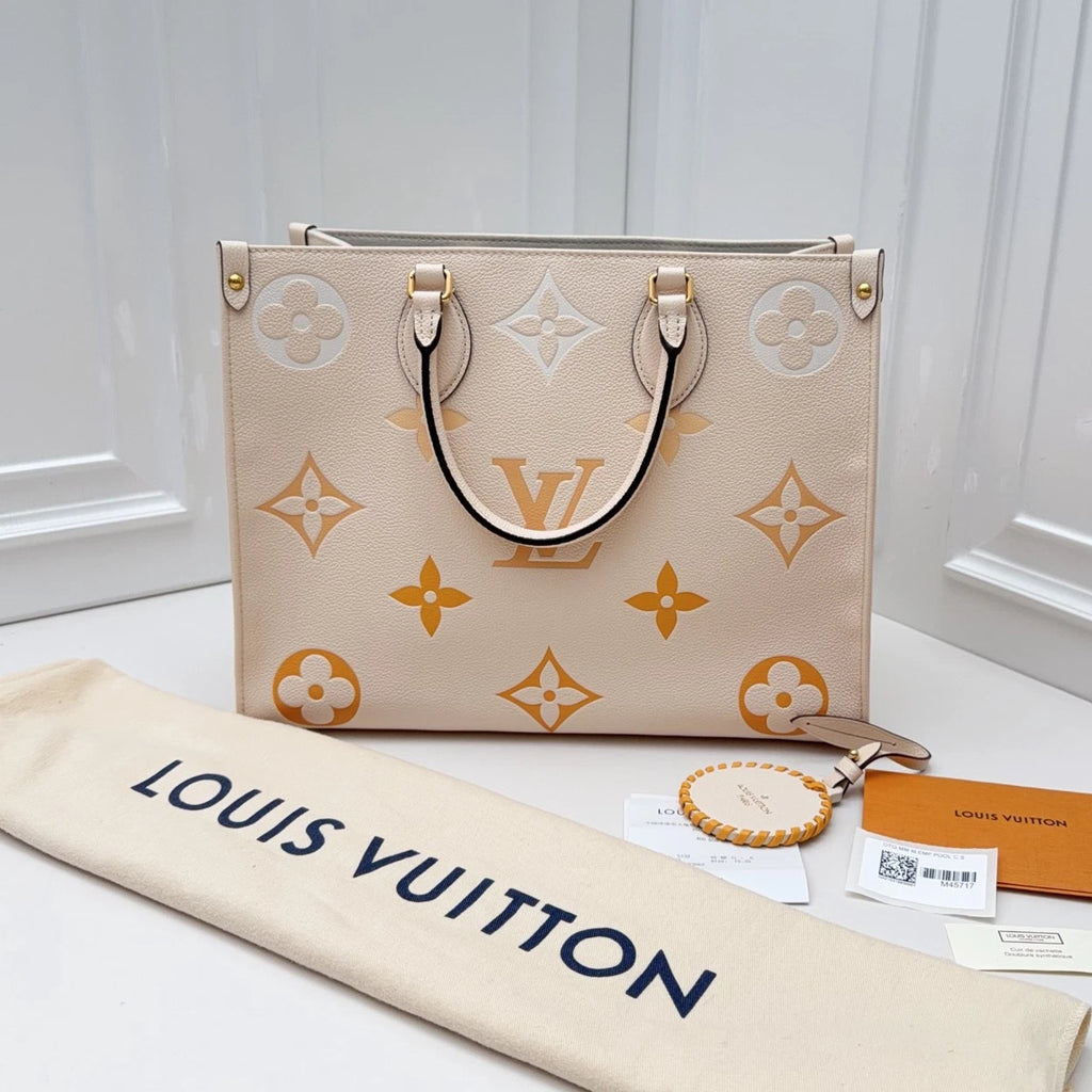 Louis Vuitton ONTheGo MM Tote Top Handle Bag White Orange Gold Women Classic