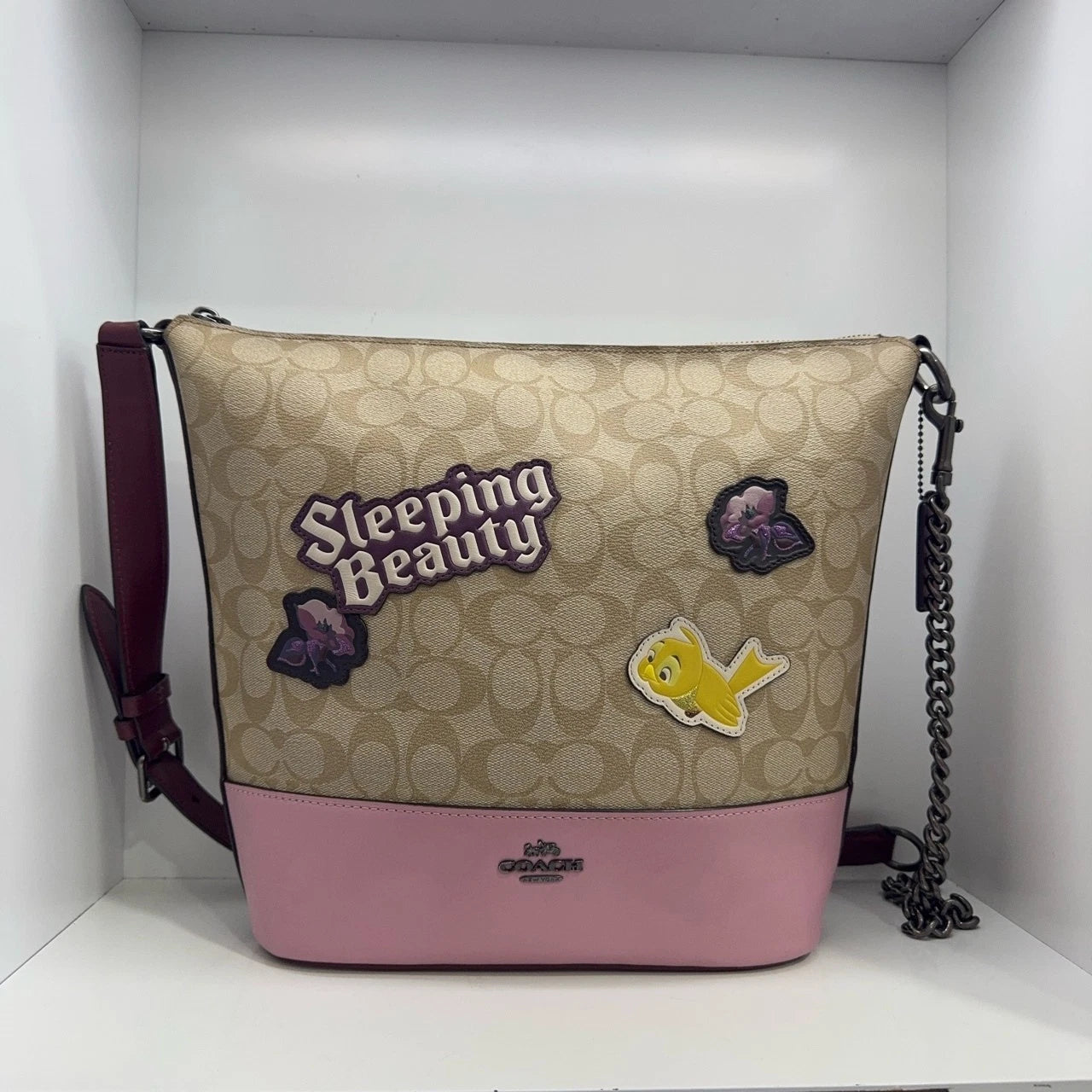 Coach Disney Sleeping Beauty Canvas Print Bucket Crossbody Bag For Women Beige