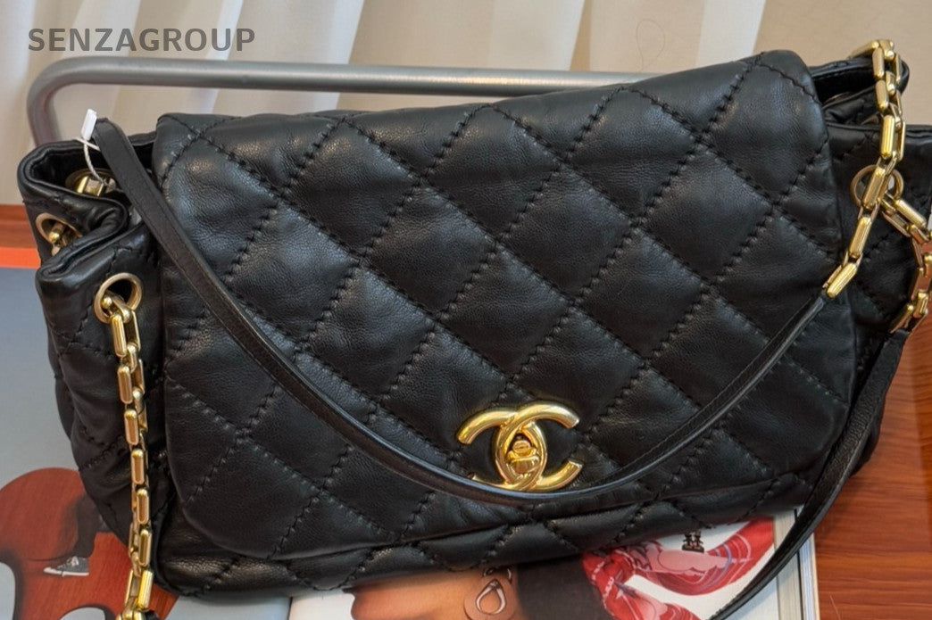 Chanel Calfskin Chain Shoulder Bag Gold Black Diamond Women Classic