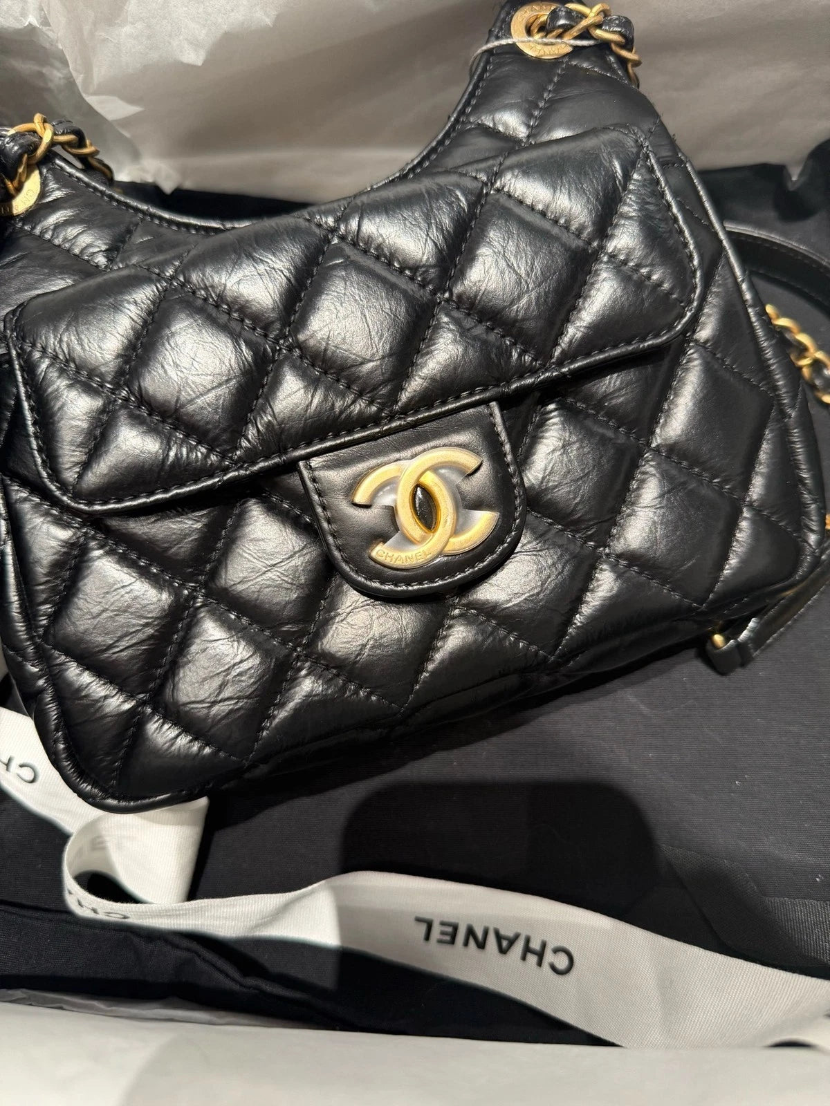 CHANEL Mini Black Gold Hobo Shoulder Bag For Women