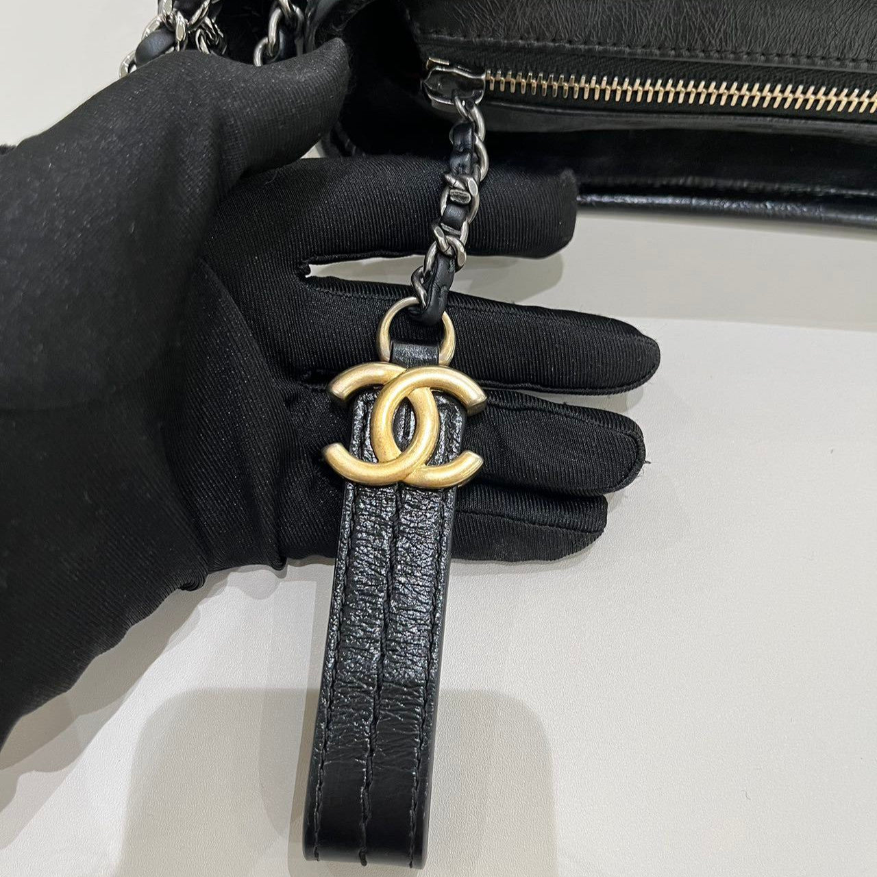Chanel Gabrielle Medium Chevron Chain Shoulder Bag Black Gold Women's