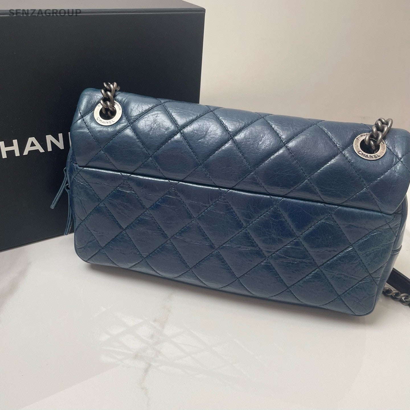 CHANEL Classic Flap Vintage Diamond Pattern Chain Shoulder bag Blue Silver