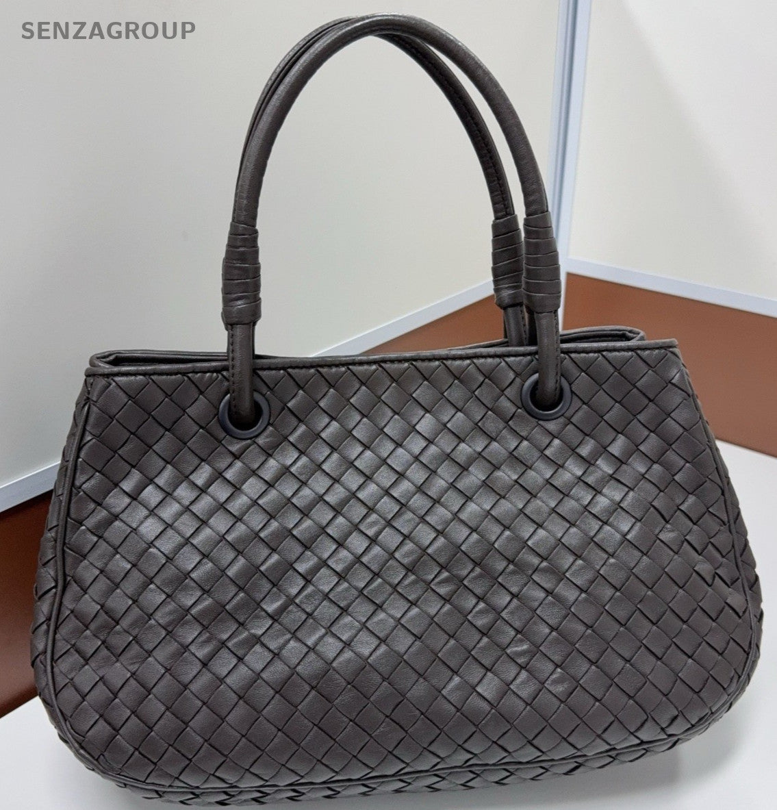 Bottega Veneta Lambskin Intrecciato Top Handle Shoulder Bag Gray Women