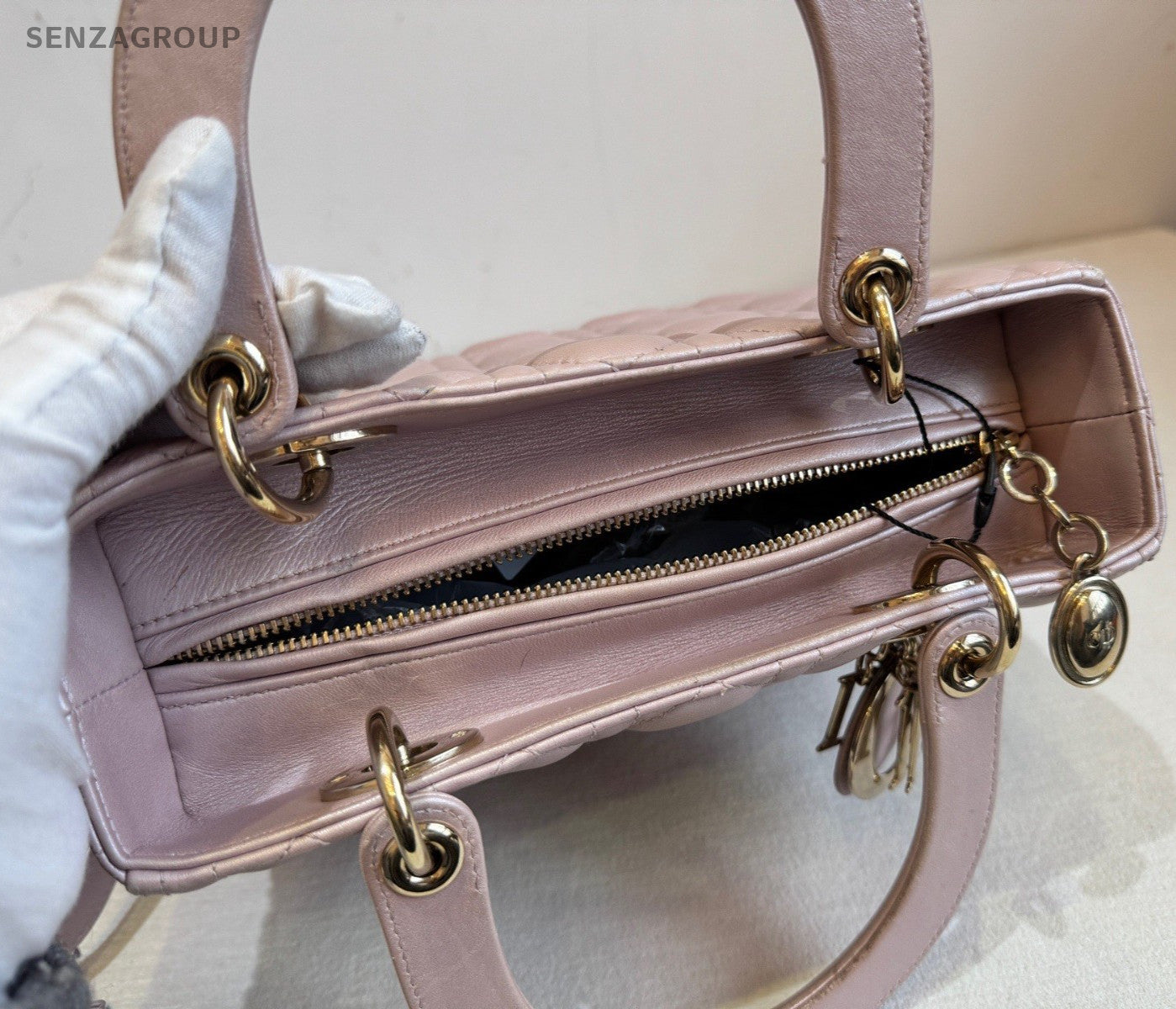 Christian Dior Lady Dior Lambskin Top Handle Bag Crossbody Pink Gold Used Women