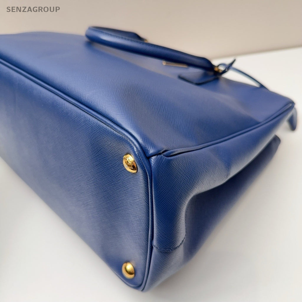PRADA Saffiano Top Handle Blue Gold Handbag Women Classic