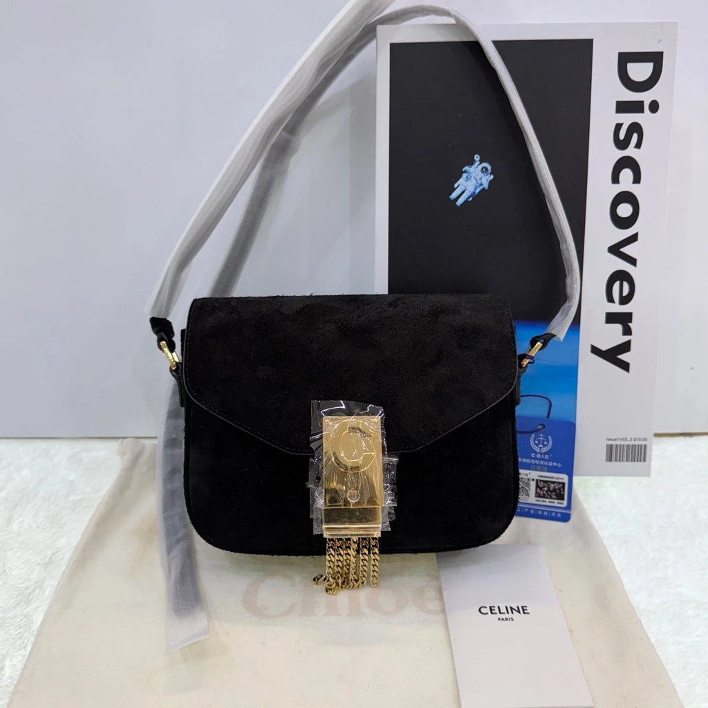 CELINE Black Gold Suede Fringe C Bag Crossbody Bag For Women