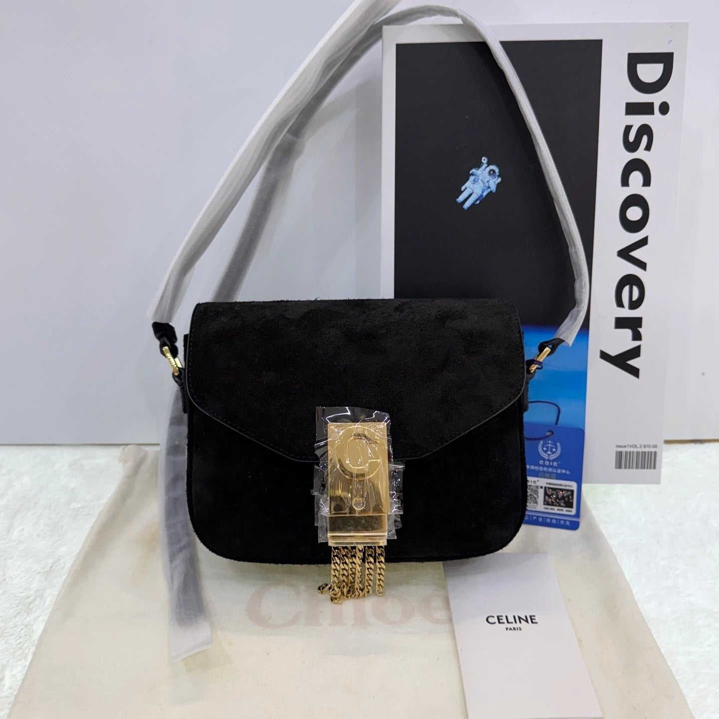 CELINE Black Gold Suede Fringe C Bag Crossbody Bag For Women