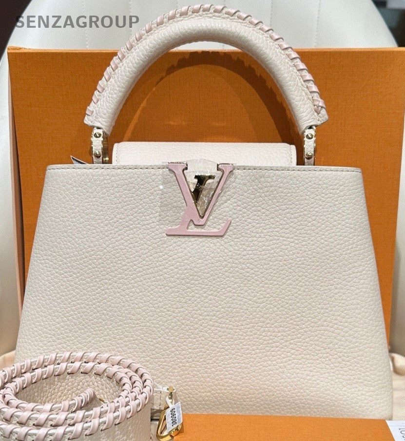 Louis Vuitton Capucines BB Top Handle Bag Crossbody Cream Color Gold Used Women