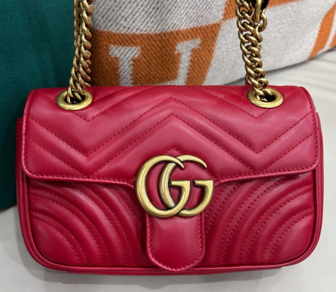 Gucci Marmont PM Chain Shoulder Bag Crossbody Red Gold Women Classic