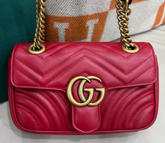 Gucci Marmont PM Chain Shoulder Bag Crossbody Red Gold Women Classic