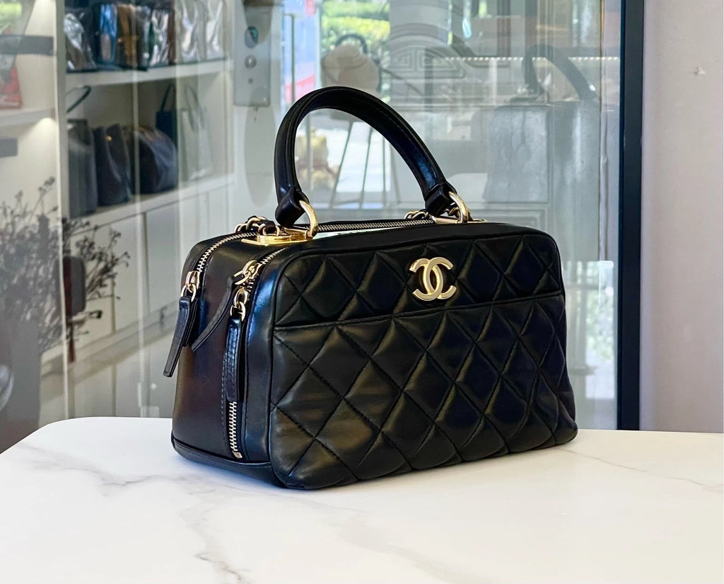 CHANEL Black Leather Bowling Top Handle Bag For Women