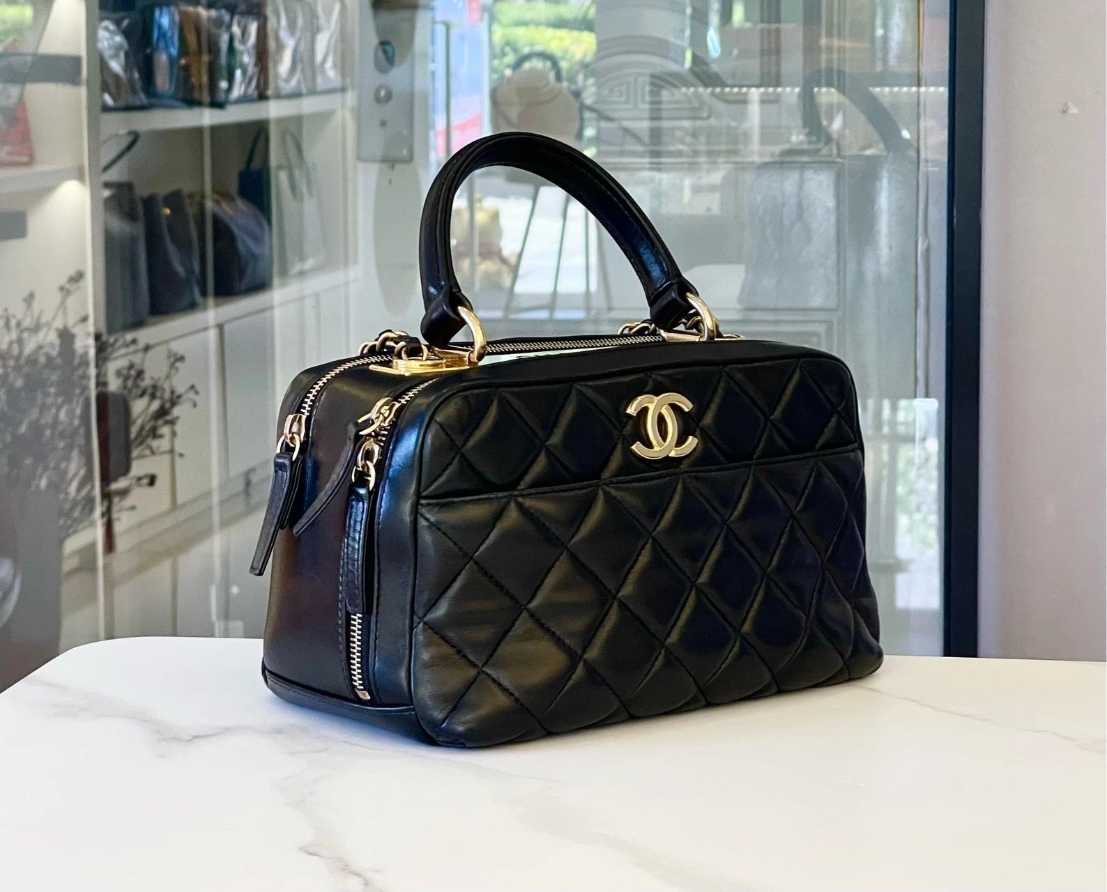 CHANEL Black Leather Bowling Top Handle Bag For Women