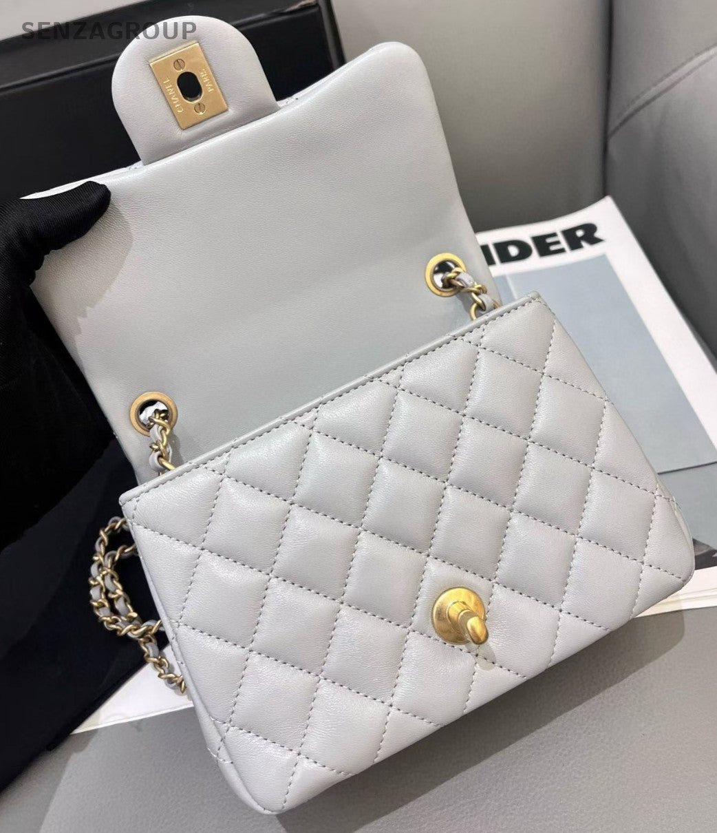 Chanel 24K Chain Shoulder Bag Crossbody Gray Gold Women Diamond