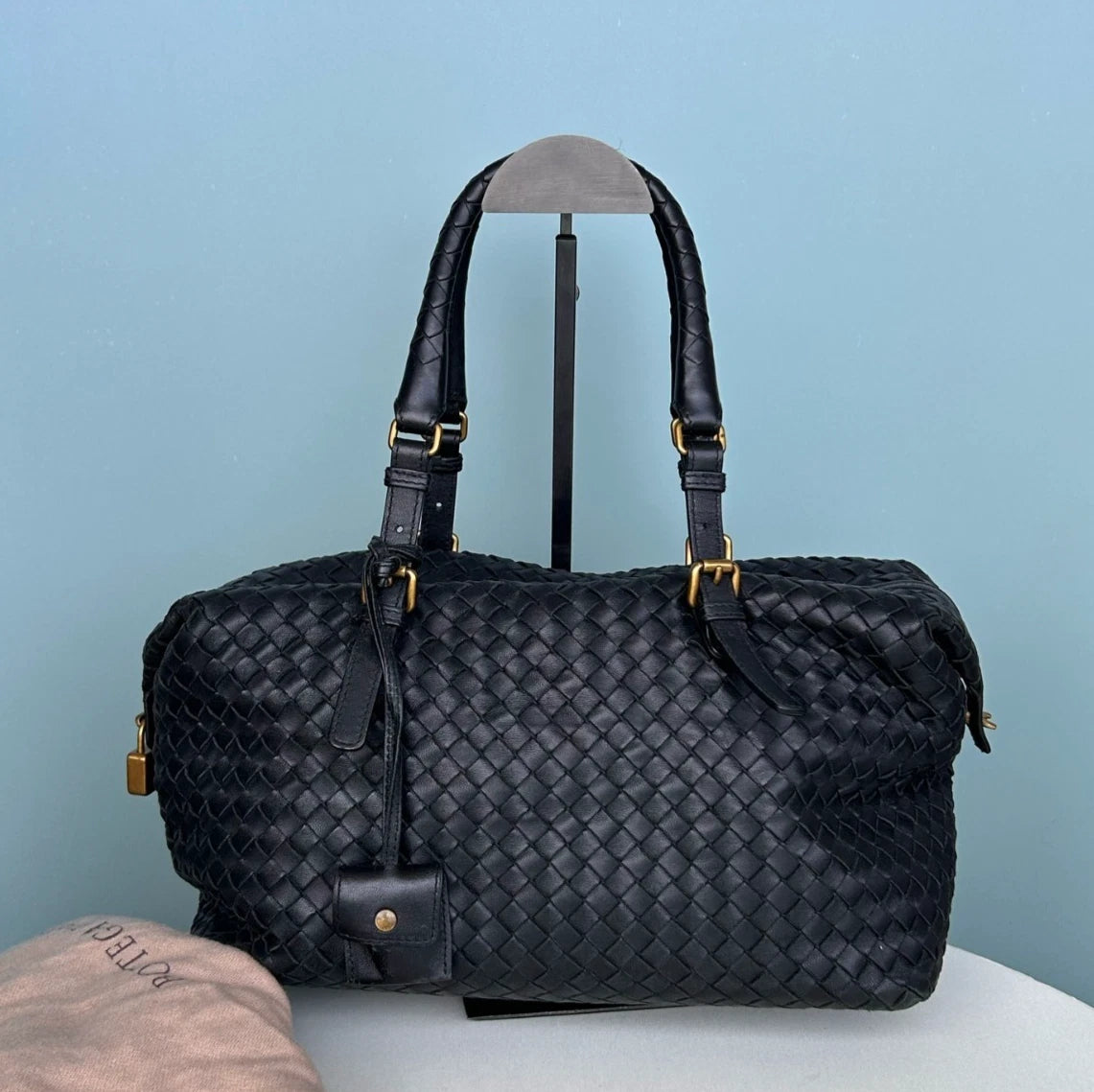 Bottega Veneta Calfskin Boston Bag Shoulder Bag Black Gold Women Classic