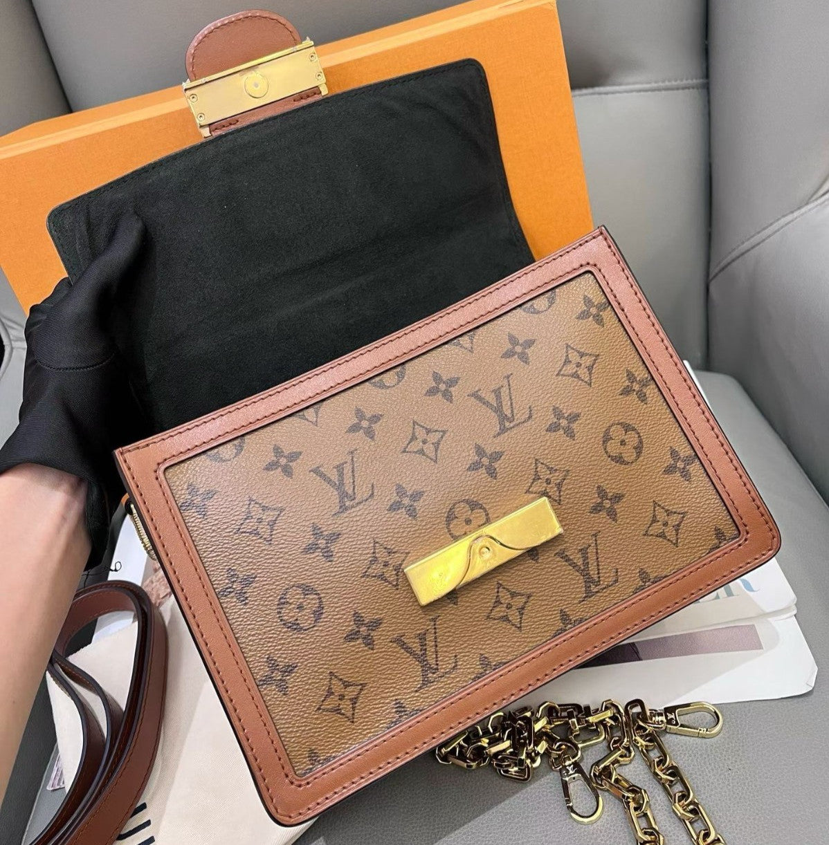 Louis Vuitton Dauphine MM Monogram Chain Shoulder Bag Crossbody Brown Women