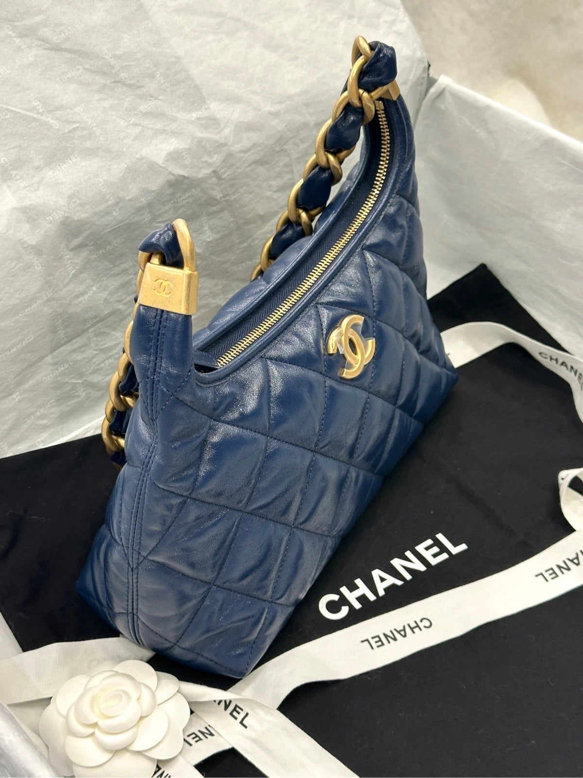 CHANEL Medium Navy Lambskin Hobo Shoulder Bag For Women