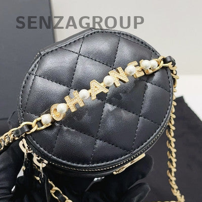 Chanel Black Gold Lambskin Mini Round Barrel Bag Chain Crossbody