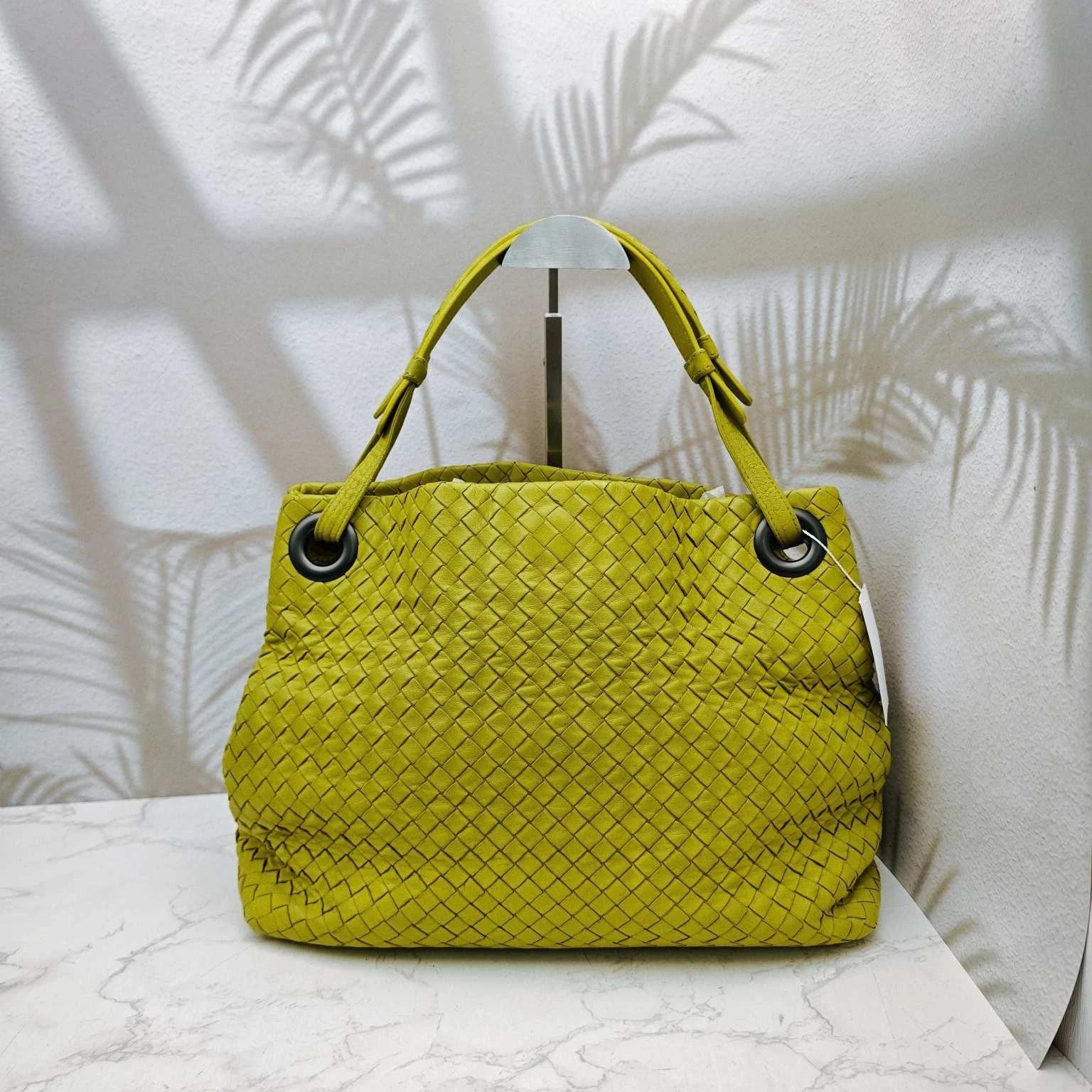 Bottega Veneta Yellow Green Woven Leather Shoulder Handbag For Women