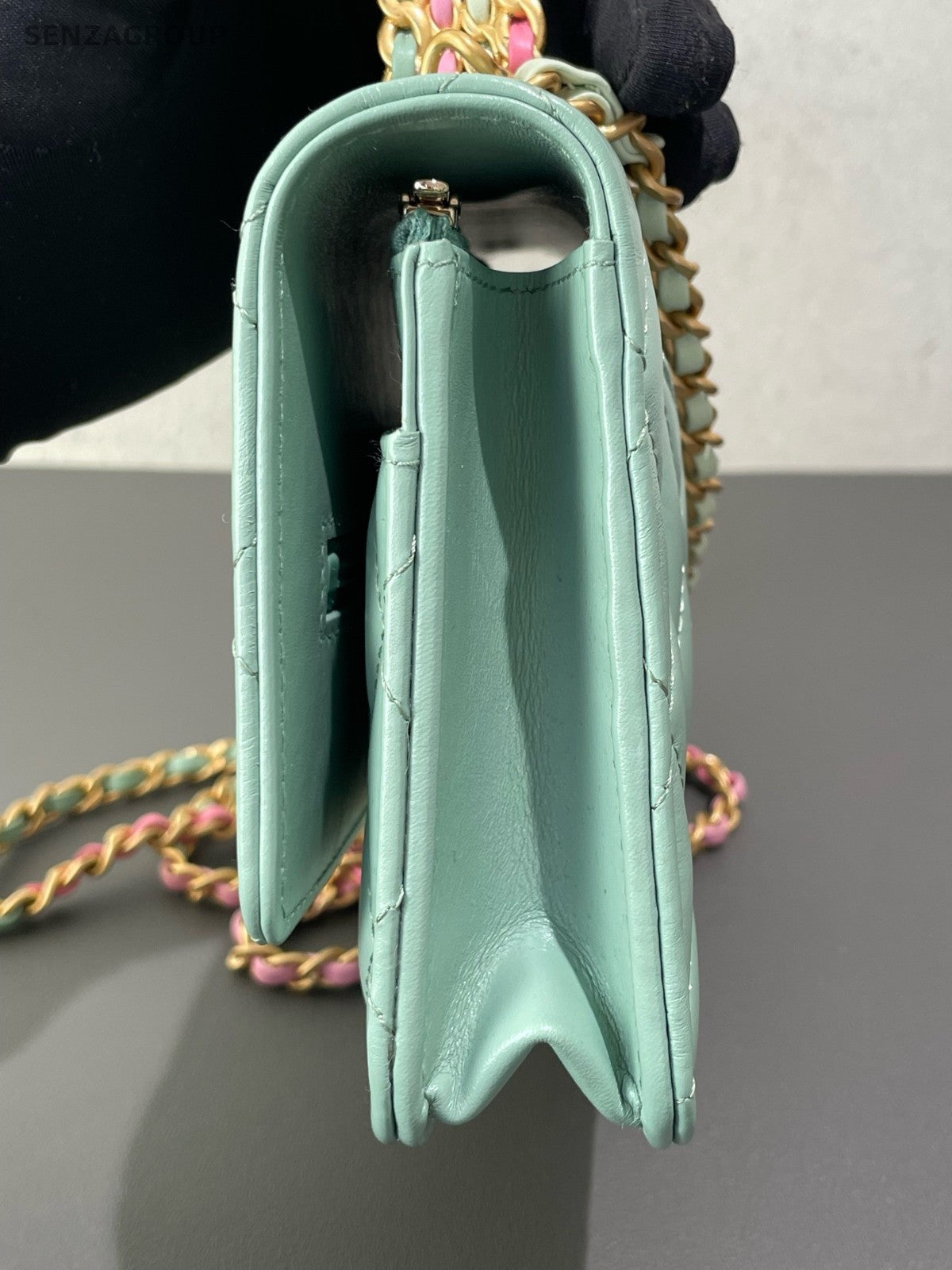 Chanel WOC Diamond Rainbow Chain Top Handle Bag Crossbody Green Gold Women