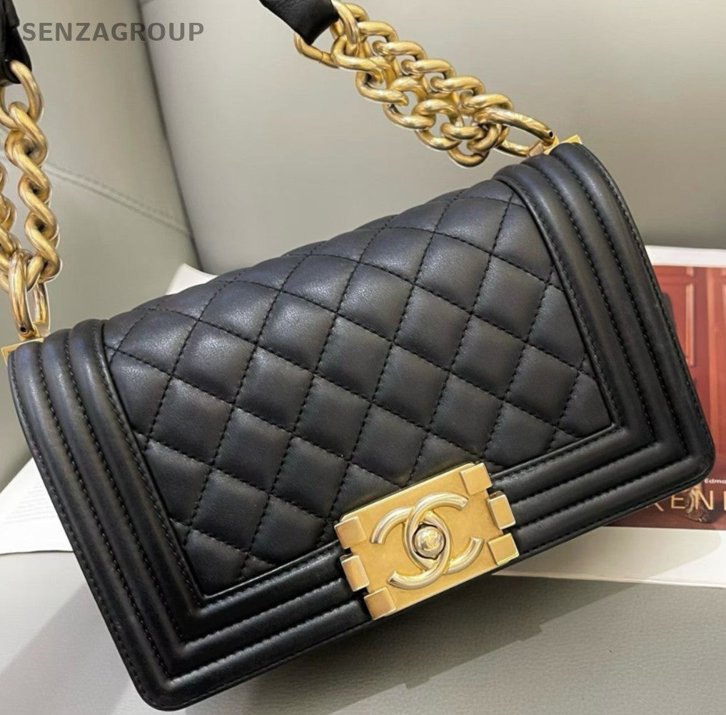 Chanel Leboy PM Calfskin Chain Shoulder Bag Crossbody Black Gold Women Classic